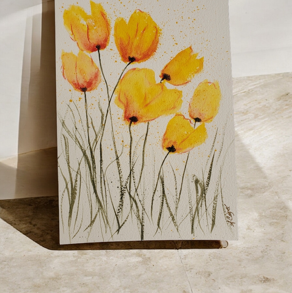 Yellow and Orange Floral Art Painting 7 X 10.25